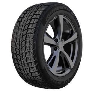 A black tire with a gray rim on a white background