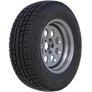 A tire with a silver rim on a white background