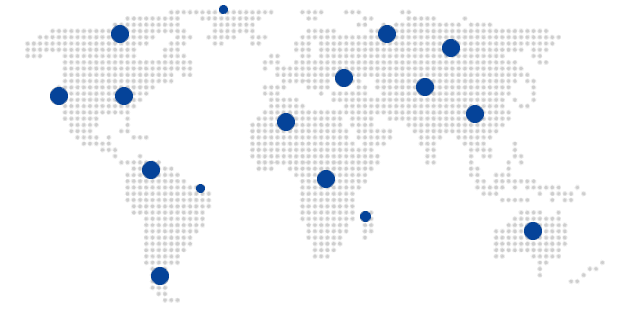 A map of the world with blue dots on it.